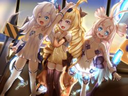  &gt;_o 3girls adjustable_wrench antenna_hair azur_lane bare_shoulders blonde_hair blue_eyes bow bracelet breasts brown_bow brown_thighhighs center_opening cleavage detached_sleeves drill drill_hair electric_plug electricity fatwave gimp_(medium) hairbow hammer highres jewelry light_purple_hair long_hair miniskirt multiple_girls oerba_yun_fang one_eye_closed open_mouth prototype_bulin_mkii_(azur_lane) red_eyes skin_fang skirt small_breasts specialized_bulin_mkiii_(azur_lane) thighhighs twin_drills universal_bulin_(azur_lane) very_long_hair white_thighhighs wrench zettai_ryouiki 