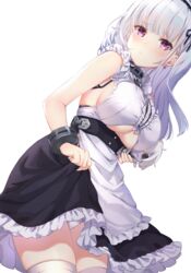  apron azur_lane black_ribbon black_skirt blunt_bangs blush bracelet breasts button_eyes buttons center_frills closed_mouth clothes_lift clothing_cutout commentary_request cowboy_shot dido_(azur_lane) doll earrings female frilled_shirt frilled_skirt frills hair_ribbon hairband heart heart_earrings highres holding holding_doll jewelry kon_(k0n16) large_breasts lifting_own_clothes long_hair panties purple_eyes ribbon shirt simple_background skirt skirt_lift sleeveless sleeveless_shirt solo thighhighs underboob underboob_cutout underwear upskirt waist_apron white_apron white_background white_hair white_panties white_shirt white_thighhighs 