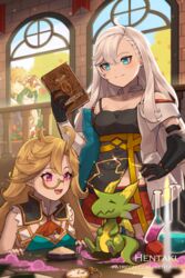  2boys 3girls ahoge alchemy artist_name black_gloves black_shirt blonde_hair blue_eyes blush book breasts brick_wall candle cleavage closed_eyes collarbone commentary commentary_typo cowboy_shot curran_(dragalia_lost) dragalia_lost dragon eavesdropping english_commentary flask gloves green_hair hand_on_own_hip hentaki highres hildegarde_(dragalia_lost) holding holding_book ilia_(dragalia_lost) lab_coat long_hair medium_breasts midriff_peek monocle multiple_boys multiple_girls patreon_username pink_eyes pocket_watch railing red_shorts shirt short_hair shorts sinoa smile sparkle sunlight table tobias_(dragalia_lost) upper_body watch watermark web_address white_hair window 