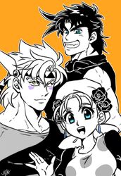  2boys :d bandana battle_tendency blue_eyes caesar_anthonio_zeppeli chest_protector earrings facial_mark feather_hair_ornament feathers female flower green_eyes grin hair_flower hair_ornament headband jewelry jojo_no_kimyou_na_bouken joseph_joestar joseph_joestar_(young) kozakura_(i_s_15) multiple_boys oerba_yun_fang smile spiked_hair spot_color suzi_q triangle_print 