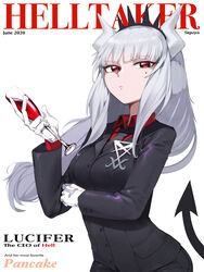  alcohol black_necktie character_name closed_mouth copyright_name crown cup dated demon_girl demon_horns demon_tail drinking_glass english_text eyelashes female formal gloves grey_hair helltaker highres holding holding_cup horns long_eyelashes looking_at_viewer lucifer_(helltaker) mole mole_under_eye necktie red_eyes siguya solo suit tail white_gloves white_horns white_wolf wine wine_glass 