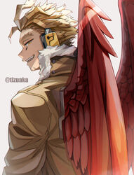  1boy bad_id bad_pixiv_id blonde_hair boku_no_hero_academia bomber_jacket costume facial_hair facial_mark feathered_wings feathers from_behind fur-trimmed_jacket fur_trim goatee grin hawks_(boku_no_hero_academia) headphones highres jacket long_bangs looking_at_viewer looking_back male_focus open_mouth red_feathers red_wings shadow short_hair simple_background smile solo tonbanlove twitter_username wings yellow_eyes 