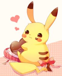  bow brown_eyes chocolate closed_mouth commentary_request food food_on_face heart highres looking_back no_humans pikachu pink_bow pokemon pokemon_(creature) sitting solo tail tail_bow tail_ornament ushiina valentine yellow_fur 