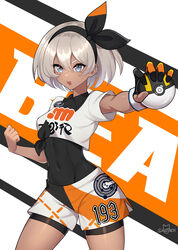  absurdres bea_(pokemon) black_bodysuit black_hairband blonde_hair bodysuit bodysuit_under_clothes bow_hairband clenched_hand collared_shirt commentary covered_navel dynamax_band eyelashes female gloves grey_eyes hair_between_eyes hairband highres holding holding_poke_ball open_mouth outstretched_arm partially_fingerless_gloves poke_ball pokemon pokemon_swsh print_shirt print_shorts sakotach shirt short_hair short_sleeves shorts side_slit side_slit_shorts signature single_glove solo teeth ultra_ball upper_teeth_only 