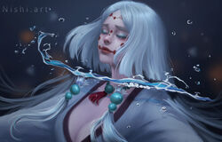  arthropod_girl artist_name bead_necklace beads blurry blurry_background bob_cut breasts cleavage closed_eyes closed_mouth commentary crying decapitation english_commentary eyelashes eyeshadow facial_mark female floating_hair forehead_mark hair_beads hair_ornament happy highres japanese_clothes jewelry kimetsu_no_yaiba kimono large_breasts long_hair makeup mascara mother_spider_demon_(kimetsu_no_yaiba) neck_tassel necklace nishihiku realistic red_lips severed_head short_hair smile solo spider_girl tassel upper_body water white_hair white_kimono 