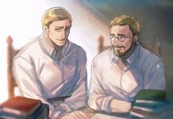  2boys beard blonde_hair blue_eyes book chair erwin&#039;s_father erwin_smith facial_hair father&#039;s_day father_and_son glasses highres male_focus multiple_boys poroi_(poro586) shingeki_no_kyojin smile table 