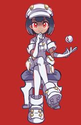  aether_foundation_employee black_hair clenched_hand closed_mouth commentary_request crossed_legs female full_body gloves hand_up hat highres hiisu_(s-1104-d) looking_at_viewer orange_eyes overall_shorts overalls pantyhose poke_ball pokemon pokemon_sm premier_ball red_background shoes short_hair simple_background sitting smile solo stool white_footwear white_gloves white_hat white_pantyhose 