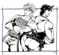  2boys battle_tendency caesar_anthonio_zeppeli clenched_teeth corset crossed_arms facial_mark feather_hair_ornament feathers fingerless_gloves gloves hair_ornament headband jojo_no_kimyou_na_bouken joseph_joestar joseph_joestar_(young) kozakura_(i_s_15) long_coat male_focus multiple_boys short_sleeves suspenders teeth 