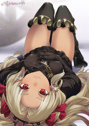  black_dress black_footwear black_thighhighs blonde_hair breasts closed_mouth dark-skinned_female dark_skin dress earrings ereshkigal_(fate) ereshkigal_alter_(fate) fate/grand_order fate_(series) female forehead foreshortening hair_ribbon high_heels highres hoop_earrings ifuji_shinsen jewelry knees_up light_particles long_hair long_sleeves looking_at_viewer lying medium_breasts necklace on_back parted_bangs red_eyes ribbon smile solo tan thighhighs thighs tiara two_side_up upside-down 