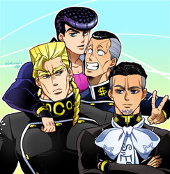  4boys blonde_hair blue_eyes diamond_wa_kudakenai facial_mark fungami_yuya gakuran higashikata_josuke jojo_no_kimyou_na_bouken kozakura_(i_s_15) male_focus multicolored_hair multiple_boys nijimura_keicho nijimura_okuyasu pompadour school_uniform two-tone_hair undercut v 