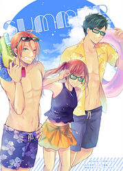  2boys adjusting_eyewear asahina_yui black_male_swimwear blue_eyes blue_male_swimwear brown_hair dated day female grin hawaiian_shirt holding holding_swim_ring holding_water_gun innertube la_corda_d&#039;oro la_corda_d&#039;oro_starlight_orchestra long_hair male_swimwear multiple_boys navel nishina_ryosuke open_clothes open_shirt orange_skirt outdoors ranna-p sasazuka_hajime shirt skirt smile summer sunglasses super_soaker swim_ring swim_trunks toned water_gun yellow_shirt 