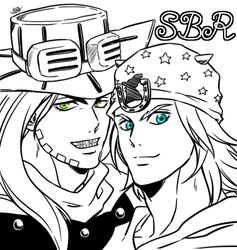  2boys beanie beard blue_eyes facial_hair goggles goggles_on_headwear green_eyes grills gyro_zeppeli hat horseshoe_ornament johnny_joestar jojo_no_kimyou_na_bouken kozakura_(i_s_15) long_hair male_focus multiple_boys smile spot_color steel_ball_run 