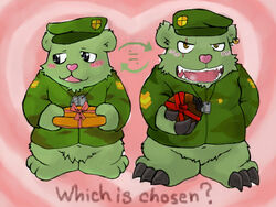  2008 4:3 anthro bear blush clothing flippy_(htf) fliqpy_(htf) fur green_body green_fur happy_tree_friends hat headgear headwear kemono male mammal slightly_chubby snow_utamaru solo split_personality text 