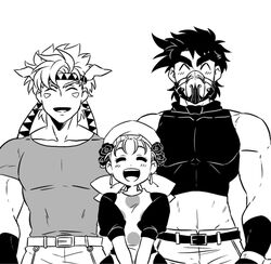  2boys ^_^ bandana battle_tendency broad_shoulders caesar_anthonio_zeppeli closed_eyes crop_top earrings facial_mark feather_hair_ornament feathers female greyscale hair_ornament headband height_difference jewelry jojo_no_kimyou_na_bouken joseph_joestar joseph_joestar_(young) kozakura_(i_s_15) mask midriff monochrome multiple_boys petite size_difference suzi_q toned toned_male triangle_print 