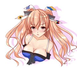  bad_id bad_twitter_id blue_one-piece_swimsuit breasts brown_eyes casual_one-piece_swimsuit cleavage commentary_request cropped_torso female hair_ornament hair_ribbon highres inactive_account johnston_(kancolle) johnston_kai_(swimsuit_mode)_(kancolle) kantai_collection large_breasts light_brown_hair long_hair looking_at_viewer one-piece_swimsuit ribbon sakami_senka simple_background solo swimsuit two_side_up upper_body white_background 