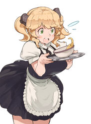  aioi_u aletta alternate_costume apron black_dress blonde_hair blush bowl breasts cowboy_shot dress enmaided female food frilled_apron frills highres isekai_shokudou large_breasts maid open_mouth puffy_short_sleeves puffy_sleeves short_sleeves simple_background solo soup tray twintails white_apron white_background 