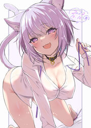  :d all_fours alto_seneka animal_ears bare_legs barefoot black_collar blush breasts cat_ears cat_girl cat_tail cleavage collar come_hither commentary covered_nipples dated female foot_out_of_frame heart heart_in_eye highres holding holding_ribbon hololive large_breasts light_purple_hair looking_at_viewer loose_neck_ribbon nail_polish naked_shirt nekomata_okayu nekomata_okayu_(oversized_shirt) oerba_yun_fang open_mouth purple_background purple_eyes purple_nails purple_ribbon ribbon shirt short_hair simple_background skin_fang smile solo symbol_in_eye tail thighs toenail_polish toenails virtual_youtuber white_background 