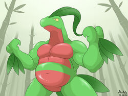  2014 4:3 anthro anthrofied belly featureless_crotch flexing generation_3_pokemon green_body grovyle lizard maldu male musclegut muscular muscular_male navel nintendo nude outside pecs plant pokemon pokemon_(species) reptile scalie solo tree 