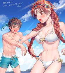  1boy abs braid breasts brown_hair cleavage cloud commission day female gensou_suikoden gensou_suikoden_i hix_(suikoden) large_breasts long_hair male_swimwear open_mouth outdoors red_hair sakai_(motomei) skeb_commission smile standing swim_trunks swimsuit tengaar_(suikoden) twin_braids 