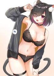  :d animal_ear_fluff animal_ears black_bra black_choker black_hair black_jacket black_panties bra breasts bridal_garter cat_ears cat_girl cat_tail choker collarbone eyes_visible_through_hair female hair_over_one_eye hand_on_own_thigh hand_up highres jacket katsushika_pachi large_breasts long_sleeves looking_at_viewer mole mole_on_breast navel oerba_yun_fang open_clothes open_jacket open_mouth original panties pink_eyes short_hair skin_fang smile solo spiked_choker spikes tail underwear zipper zipper_panties 