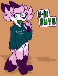  anthro blush bodily_fluids canid canine clothing crotch_tuft dipstick_arms dipstick_fingers dipstick_legs dipstick_tail don&#039;t_bully_me_i&#039;ll_cum embarrassed english_text eyelashes fangs female fennec_fox fluffy fluffy_tail fox fur green_eyes green_mouth green_tongue greeting hair horn ichigo_mackerel_(mdctoby12) knee_tuft leg_tuft mammal markings mdctoby12 neck_tuft nervous oversized_clothing oversized_shirt oversized_topwear pink_body pink_fur pivoted_ears purple_body purple_ears purple_fur purple_nose shadow shirt simple_background solo speech_bubble sweat tail tail_markings teeth text text_on_clothing text_on_shirt text_on_topwear tongue topwear true_fox tuft white_body white_fur 