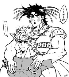  2boys anger_vein battle_tendency biceps blue_eyes breast_padding broad_shoulders caesar_anthonio_zeppeli crossdressing earrings eyes_in_shadow facial_mark grabbing greyscale hair_ornament jewelry jojo_no_kimyou_na_bouken joseph_joestar joseph_joestar_(tequila) joseph_joestar_(young) kozakura_(i_s_15) lipstick makeup male_focus monochrome multiple_boys necklace one_eye_closed pectoral_grab spot_color translated 