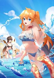  1boy 2girls aether_(genshin_impact) animal ball beachball bikini black_bikini blue_bikini blue_eyes blue_sky blush breasts brown_hair cleavage closed_eyes cloud commentary day dual_wielding earrings eel genderswap_(mtf) genshin_impact gradient_hair hair_between_eyes hair_ribbon highres holding holding_ball holding_weapon jewelry large_breasts long_hair looking_at_viewer medium_breasts multicolored_hair multiple_girls open_mouth orange_hair outdoors powu555 red_ribbon ribbon rule_63 single_earring sky swimsuit symbol-only_commentary tartaglia_(genshin_impact) twitter_username two_side_up very_long_hair wading water weapon zhongli_(genshin_impact) 