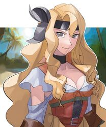  alternate_costume asagi_(banzoku210) belt_buckle blonde_hair breasts brigid_(fire_emblem) brigid_(pirate)_(fire_emblem) buckle cleavage closed_mouth female fire_emblem fire_emblem:_genealogy_of_the_holy_war fire_emblem_heroes grey_eyes headband highres long_hair looking_at_viewer solo wavy_hair 