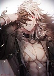  1boy abs alchemy_stars black_coat black_collar black_gloves broken broken_chain chains coat collar eye_trail eyepatch fur-trimmed_coat fur_trim gloves grey_background grey_hair grin half_gloves highres light_trail looking_at_viewer male_focus open_clothes open_coat pectoral_cleavage pectorals red_eyes scar scar_across_eye scar_on_chest scar_on_face simple_background smile solo sonomi taki_(alchemy_stars) toned toned_male twitter_username upper_body 