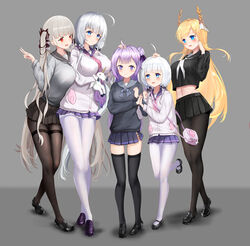  5girls absurdres atago_(azur_lane) atago_(azur_lane)_(cosplay) atago_(school_traumerei)_(azur_lane) azur_lane black_footwear black_pantyhose black_sailor_collar black_serafuku black_shirt black_skirt black_sweater black_thighhighs blonde_hair blue_eyes bow breasts brown_skirt cardigan chinese_commentary cosplay crop_top crop_top_overhang formidable_(azur_lane) grey_background grey_sweater hairbow hand_in_own_hair hand_on_another&#039;s_head highres illustrious_(azur_lane) large_breasts laurel_crown leg_up light_brown_hair little_illustrious_(azur_lane) long_hair looking_at_viewer low_twintails medium_breasts microskirt midriff miniskirt mole mole_under_eye multiple_girls neckerchief niballl pantyhose pink_neckerchief pleated_skirt purple_footwear purple_hair purple_sailor_collar purple_skirt red_eyes sailor_collar school_uniform serafuku shirt shoes simple_background skirt stuffed_winged_unicorn sweater takao_(azur_lane) takao_(azur_lane)_(cosplay) takao_(school_romanza)_(azur_lane) thighband_pantyhose thighhighs twintails unicorn_(azur_lane) unicorn_(azur_lane)_(cosplay) unicorn_(long-awaited_date)_(azur_lane) very_long_hair victorious_(azur_lane) white_cardigan white_hair white_neckerchief white_pantyhose zettai_ryouiki 