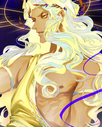  1boy aged_down ancient_greek_clothes armlet bad_id bad_pixiv_id blonde_hair changye chinese_commentary commentary glowing glowing_hair greco-roman_clothes hades_(series) hades_1 hair_ornament halo lightning_bolt_hair_ornament lightning_bolt_symbol long_hair male_focus solo tan toga wavy_hair yellow_eyes zeus_(hades) 