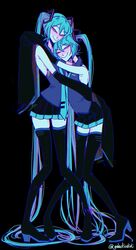  2girls absurdly_long_hair black_background black_footwear black_skirt blue_eyes blue_hair blue_necktie blush boots clone collared_shirt commentary detached_sleeves didi_(galacticdidi) english_commentary full_body glitch grey_shirt hatsune_miku highres hug long_hair looking_at_viewer multiple_girls necktie shirt skirt sleeveless sleeveless_shirt sleeves_past_fingers sleeves_past_wrists smile standing thigh_boots thighhighs twintails twitter_username very_long_hair vocaloid 