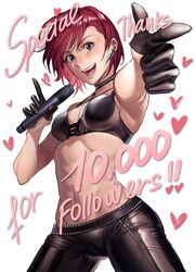  belt black_bra black_choker black_gloves bra breasts choker commentary earrings english_commentary female finger_gun gloves groin half_gloves han_soo-min_(hanny) hanny_(uirusu_chan) highres holding holding_microphone idol jewelry leather leather_pants lips looking_at_viewer microphone milestone_celebration navel open_mouth original pants pointing pointing_at_viewer purple_eyes red_hair short_hair small_breasts smile solo studded_belt studded_choker teeth tekken thank_you toned underwear 