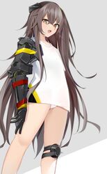  absurdres brown_hair commentary_request crossed_bangs feet_out_of_frame female flat_chest from_below girls&#039;_frontline gradient_background hair_between_eyes hair_ornament highres kotoha_(kotoha65) long_hair looking_at_viewer no_pants open_mouth panties prosthesis prosthetic_arm psd_available scar scar_across_eye shirt solo standing teeth ump45_(girls&#039;_frontline) ump45_(mod3)_(girls&#039;_frontline) underwear upper_teeth_only very_long_hair white_shirt yellow_eyes 