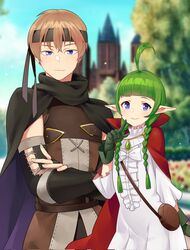  ahoge blue_eyes braid brown_hair closed_mouth cosplay english_commentary female fire_emblem fire_emblem_awakening gaius_(fire_emblem) gaius_(fire_emblem)_(cosplay) green_hair highres igni_tion looking_at_viewer nah_(fire_emblem) original twin_braids 