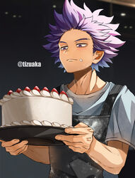  1boy adam&#039;s_apple apron bad_id bad_pixiv_id bags_under_eyes boku_no_hero_academia cake carrying dirty dirty_clothes dirty_face food food_on_face fruit highres holding holding_food icing light_blush looking_at_food looking_at_object male_focus messy_hair night purple_eyes purple_hair shinsou_hitoshi shirt short_hair short_sleeves solo spiked_hair strawberry tonbanlove twitter_username white_shirt window 