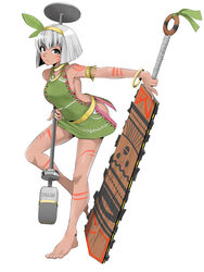  absurdres adapted_costume armband asatsuki_(cookie) assha_(schector) aztec bangle bare_legs barefoot bob_cut bracelet breasts cookie_(touhou) dark_skin dress feather_hair_ornament feathers female full_body gold green_dress grey_hair hair_ornament hair_ribbon highres holding holding_microphone holding_sword holding_weapon jewelry konpaku_youmu macuahuitl medium_breasts microphone microphone_stand ribbon short_hair sleeveless solo standing standing_on_one_leg sword tan tattoo toenails toes touhou weapon 