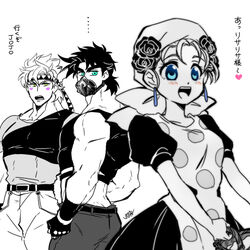  2boys aqua_eyes bandana bare_shoulders battle_tendency blue_eyes blush caesar_anthonio_zeppeli chest_protector crop_top facial_mark female green_eyes jojo_no_kimyou_na_bouken joseph_joestar joseph_joestar_(young) kozakura_(i_s_15) midriff multiple_boys spot_color suzi_q translated 