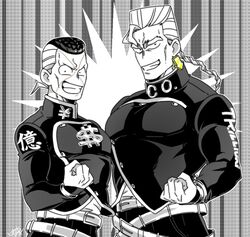  2boys arrow_earrings braid brothers diamond_wa_kudakenai dollar_sign earrings gakuran grin jewelry jojo_no_kimyou_na_bouken kozakura_(i_s_15) large_pectorals male_focus monochrome multiple_boys nijimura_keicho nijimura_okuyasu pectorals pompadour school_uniform siblings single_braid smile spot_color yen_sign 