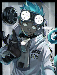  1boy aqua_hair arknights audio_jack bad_id bad_pixiv_id bandaid bandaid_on_face bandaid_on_nose black_border black_gloves border chameleon_tail crosshair ear_piercing ethan_(arknights) facial_hair gloves goggles goggles_on_head highres jacket looking_at_viewer male_focus mouth_hold numbered outside_border piercing pointy_ears short_hair smile solo spiked_hair tail tonbanlove toothpick twitter_username yo-yo zipper_pull_tab 