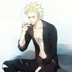  1boy belt belt_buckle bite_mark black_pants black_shirt blonde_hair buckle cigarette cross cross_necklace expressionless holding holding_cigarette jewelry male_focus navel necklace one_outs open_clothes open_shirt pants shirt sic77 sitting smoke solo spiked_hair tokuchi_toua torn_clothes torn_pants 