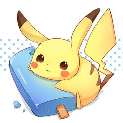  brown_eyes closed_mouth commentary_request food food_focus highres light_smile looking_at_viewer no_humans pikachu pokemon pokemon_(creature) popsicle sitting solo tail ushiina yellow_fur 