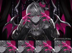  breasts cleavage closed_eyes commentary_request demon_lord_(vocaloid) demon_wings eyeshadow female gloves hair_bun half_gloves highres hmng jewelry kotoka_torahime long_hair makeup necklace nijisanji nijisanji_en official_art pearl_necklace pink_eyeshadow pink_gloves pink_hair single_side_bun smile solo spot_color virtual_youtuber wings 