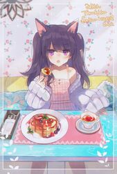  :o animal_ears bangs banned_artist black_hair border cat_ears cat_girl collarbone commission cup dress english_commentary eyebrows_visible_through_hair female food fork highres holding holding_fork indie_virtual_youtuber nunuko_(mu661129) off_shoulder open_mouth pancake pink_dress purple_eyes purple_sweater second-party_source shimotsuki_miri skeb_commission solo sweater teacup v-shaped_eyebrows virtual_youtuber white_border 