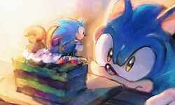  2boys absurdres animal_ears animal_nose anniversary black_hair cake cake_slice commentary_request dual_persona eye_contact food furry furry_male gloves green_eyes hedgehog_ears highres looking_at_another male_focus mini_person miniboy multiple_boys poroi_(poro586) shoes sneakers sonic_(series) sonic_the_hedgehog sonic_the_hedgehog_(classic) white_gloves 