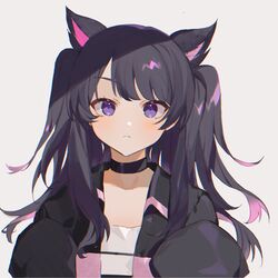  animal_ears bad_id bad_twitter_id black_choker black_hair black_jacket blush cat_ears cat_girl choker eyebrows_hidden_by_hair female frown grey_background highres indie_virtual_youtuber jacket nima_(nimamann) portrait second-party_source shimotsuki_miri shirt sleeves_past_fingers sleeves_past_wrists smile solo two_side_up virtual_youtuber white_shirt 