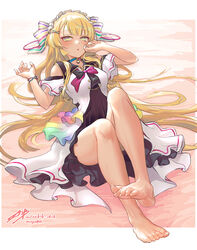  aizaki_b bare_legs barefoot black_bow blonde_hair blue_choker blunt_bangs bow bracelet breasts choker clothing_cutout commentary commission convenient_leg dated dress eyelashes feet female full_body green_eyes hair_ornament hairbow hands_up highres jewelry knees_up kougei_ciel_nana legs long_hair lying medium_breasts multicolored_eyes on_back open_mouth pink_bow pink_choker purple_eyes short_dress short_sleeves shoulder_cutout signature skeb_commission solo sound_voltex thighs toenails toes two-tone_choker very_long_hair yellow_eyes 