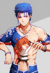  1boy abs ahoge bad_id bad_pixiv_id between_pectorals blue_hair bodysuit chaldea_uniform changye chest_tattoo chibi cu_chulainn_(fate) cu_chulainn_(fate/stay_night) cu_chulainn_(second_ascension)_(fate) earrings fate/grand_order fate/stay_night fate_(series) female fujimaru_ritsuka_(female) gae_bolg_(fate) jewelry long_hair male_focus official_alternate_costume orange_hair pectorals polearm ponytail red_eyes shrug_(clothing) spear tattoo weapon yellow_eyes 