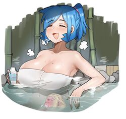  alcohol bad_id bad_pixiv_id bare_shoulders blue_hair blue_nails blush bottle breasts cleavage closed_eyes collarbone facing_viewer female highres large_breasts mole mole_on_breast monkey naked_towel onsen open_mouth original partially_submerged sake saru_(monkey_magic3) short_hair short_ponytail smile solo towel yellow_nails 