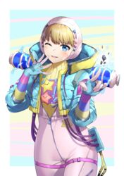  \m/ animification apex_legends blonde_hair blue_eyes blue_gloves blue_jacket bodysuit bon_(bonbon315) cable female gloves highres hood hooded_jacket jacket kawaii_voltage_wattson one_eye_closed open_mouth pink_bodysuit pink_headwear ribbed_bodysuit rock scar scar_on_cheek scar_on_face smile solo thigh_strap wattson_(apex_legends) yellow_bodysuit 